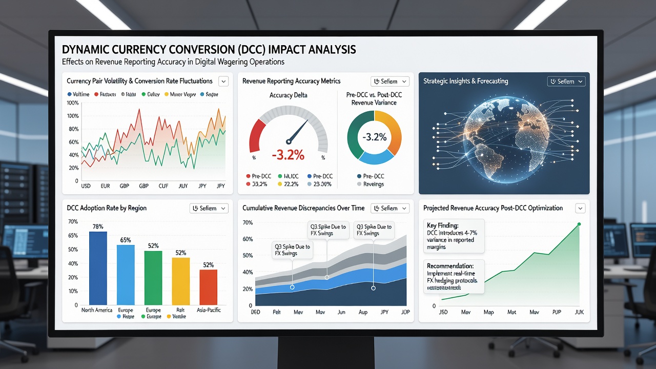 Analytics dashboard showing currency conversion trends and revenue reconciliation metrics over time