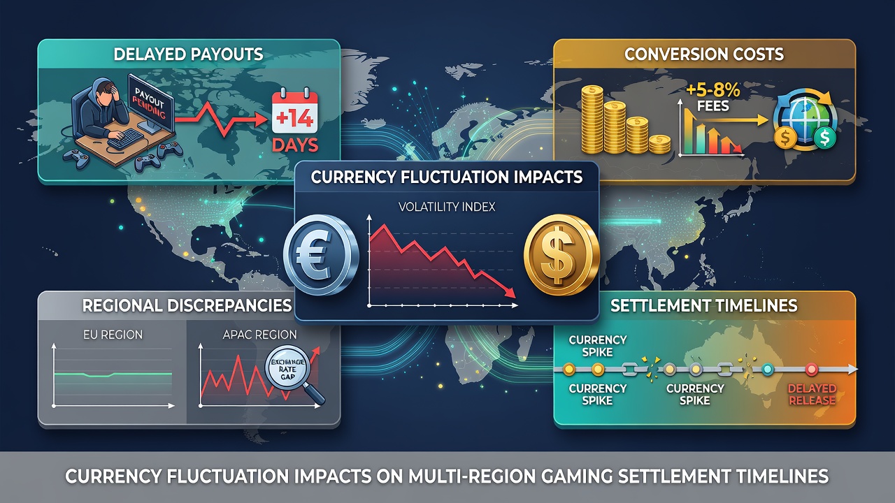 Operators reviewing multi-currency settlement dashboards in a gaming finance control room