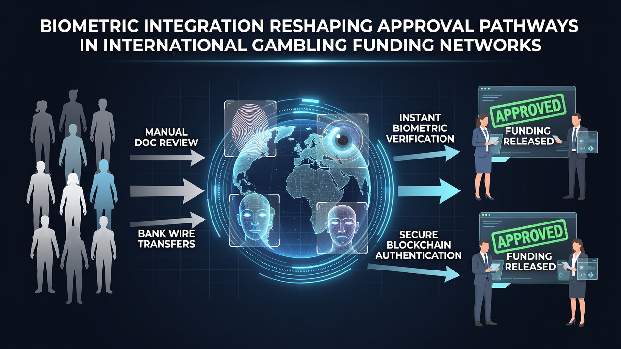 Network diagram illustrating biometric verification nodes connected to international gambling payment gateways and settlement systems
