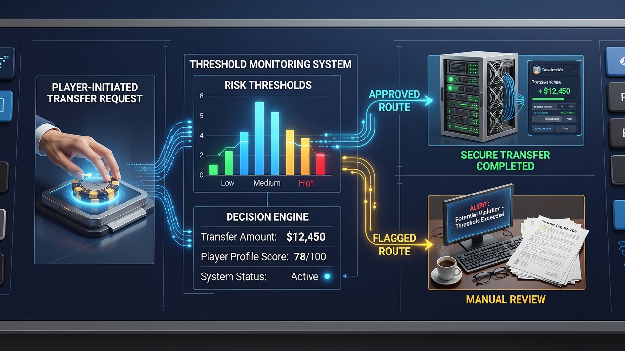 Flowchart illustrating threshold triggers rerouting transfers between primary and secondary casino payment processors