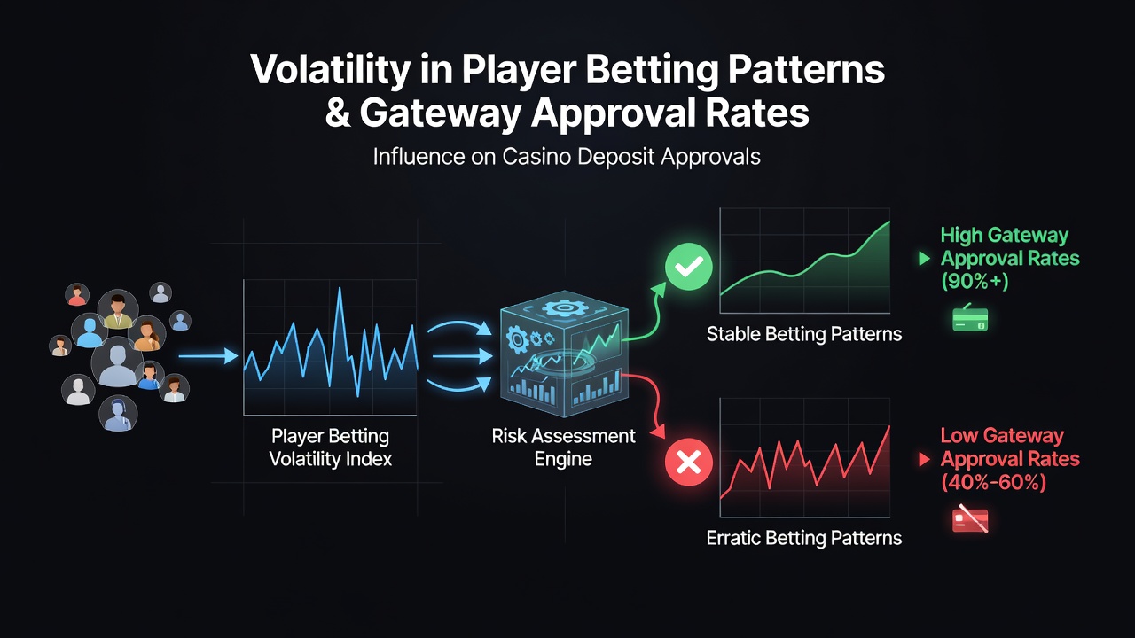 Flowchart illustrating how sudden betting pattern changes route through gateway risk engines to approval or decline outcomes