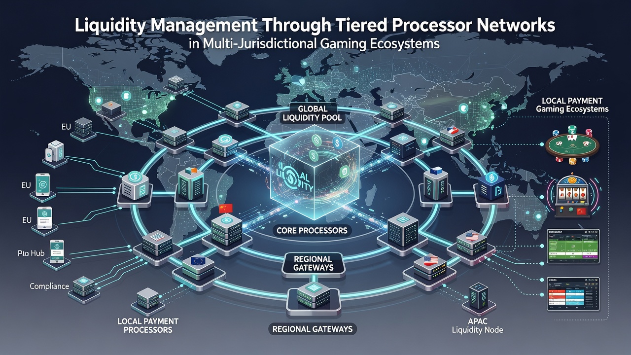 Flowchart illustrating liquidity routing between primary, secondary, and tertiary processor layers in international gaming operations