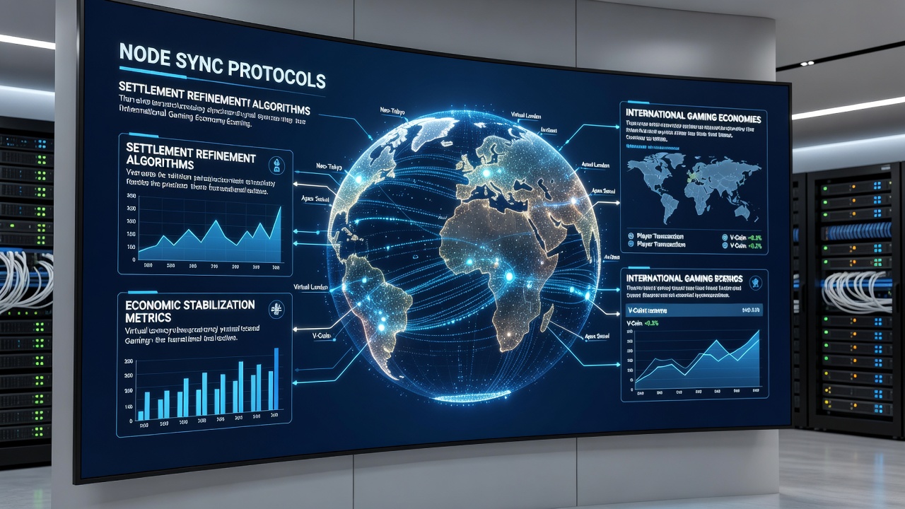Illustration of synchronized nodes exchanging settlement data in real-time across different time zones and regulatory zones