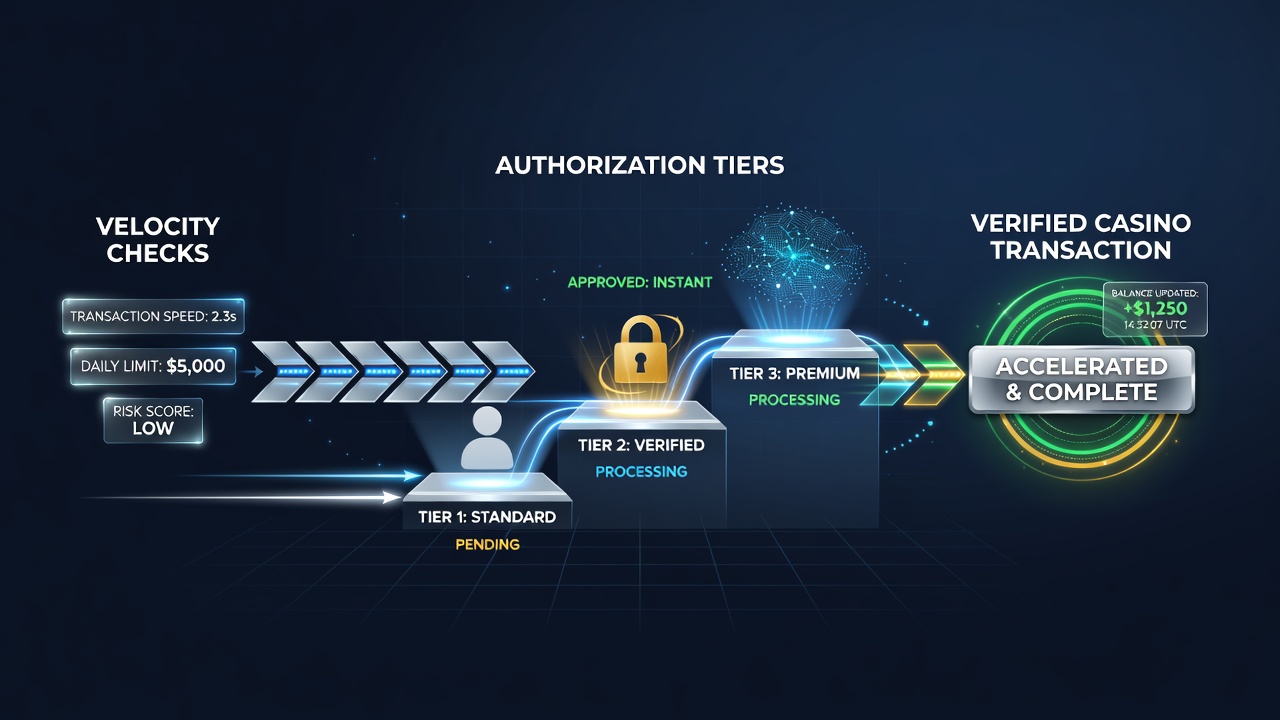 Flowchart illustrating tiered authorization combined with velocity monitoring for international casino transactions