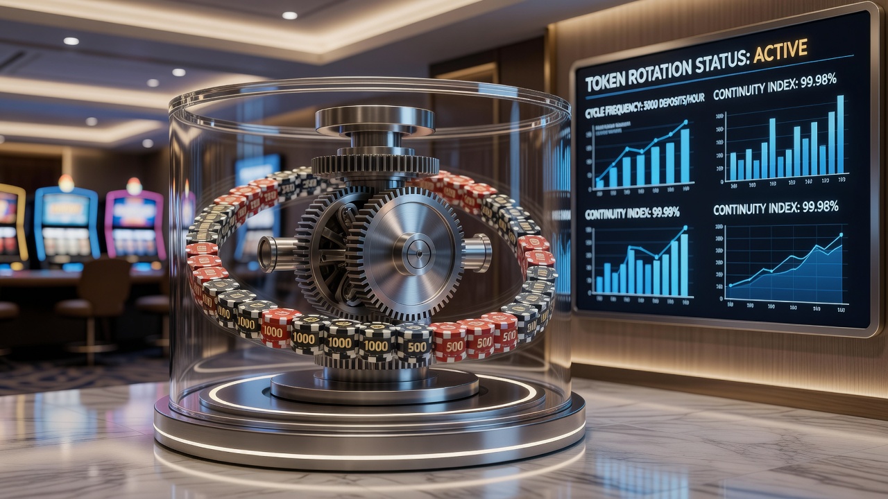 Diagram showing synchronized token registries across verification nodes in casino systems